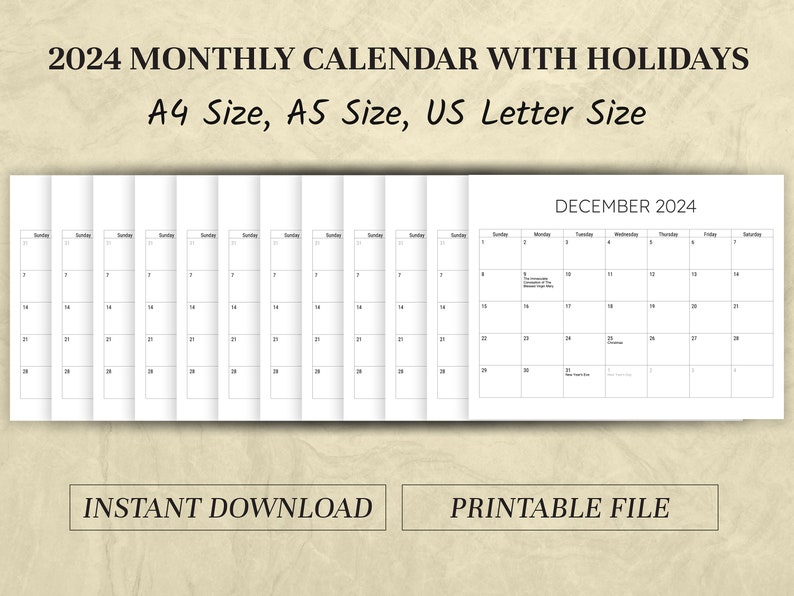 2024 Monthly Calendar With Holidays Printable Calendar Template