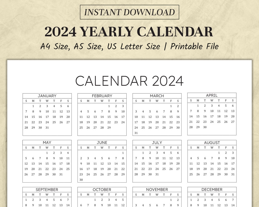 2024 Yearly Calendar Printable Calendar Template Minimalist Calendar ...