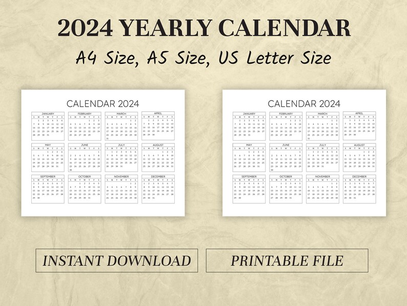 2024 Yearly Calendar Printable Calendar Template Minimalist Calendar ...