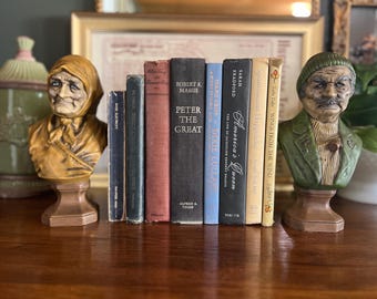 Vintage Figural Bookends Old Man Woman Busts, Folk Art Character Book Ends, Dark Academia Library Decor, Eclectic Cottagecore Shelf Decor