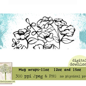 black and white flowers Mug wraps 11oz, 12oz, 15oz sublimation PNG digital download Limited commercial license