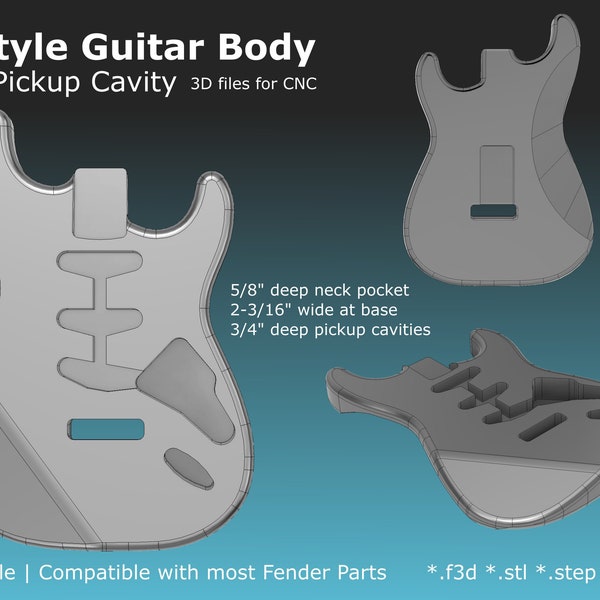 Strat Style Electric Guitar Body CAD Files stl f3d step 3mf for CNC Guitar Building