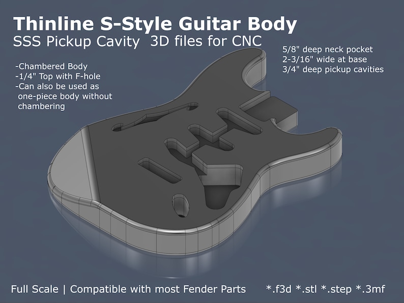 Thinline Strat Style Electric Guitar Body CAD Files Stl F3d Step 3mf