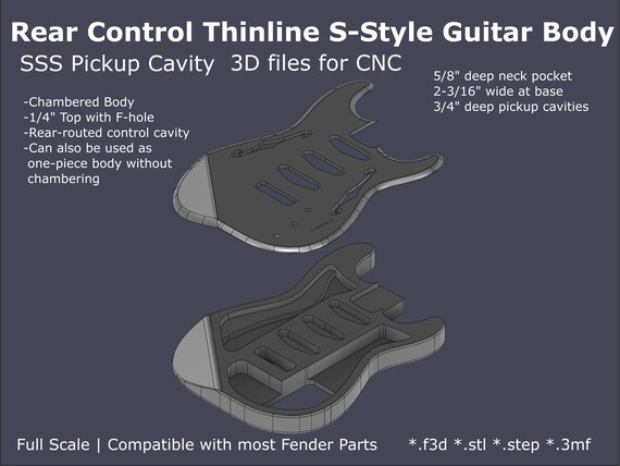 Thinline Strat Style Guitar Body CAD Files: CNC Ready (stl F3d