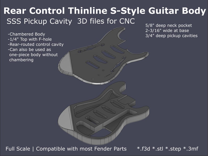 Rear Control Thinline Strat Style Electric Guitar Body CAD Files Stl