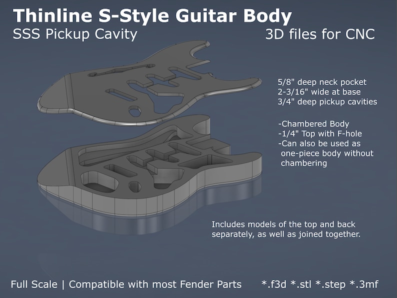 Thinline Strat Style Electric Guitar Body CAD Files Stl F3d Step 3mf