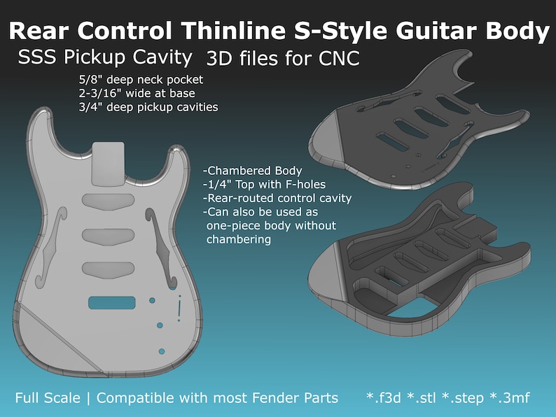 Rear Control Thinline Strat Style Electric Guitar Body CAD Files Stl