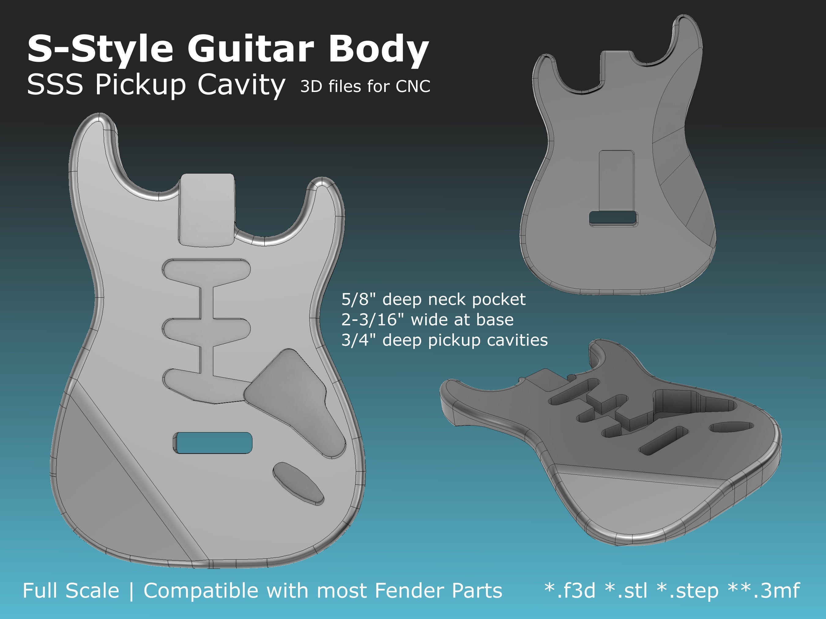 Strat Style Electric Guitar Body CAD Files Stl F3d Step 3mf for CNC Strat Style Electric Guitar Body CAD Files Stl F3d Step 3mf for CNC