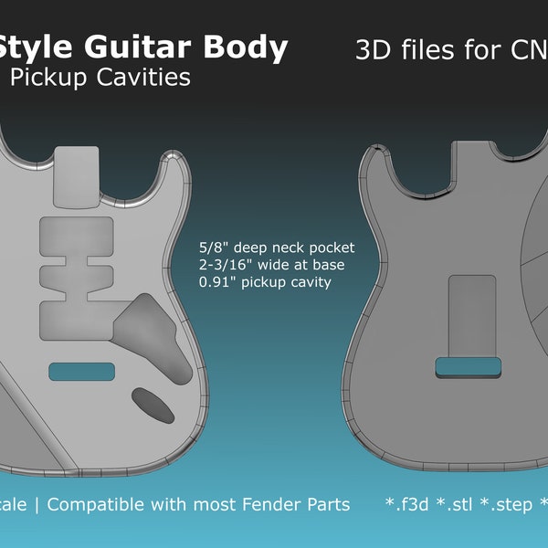 Strat Style Electric Guitar Body HSH Route Humbucker Single Coil CAD Files stl f3d step 3mf for CNC Guitar Building