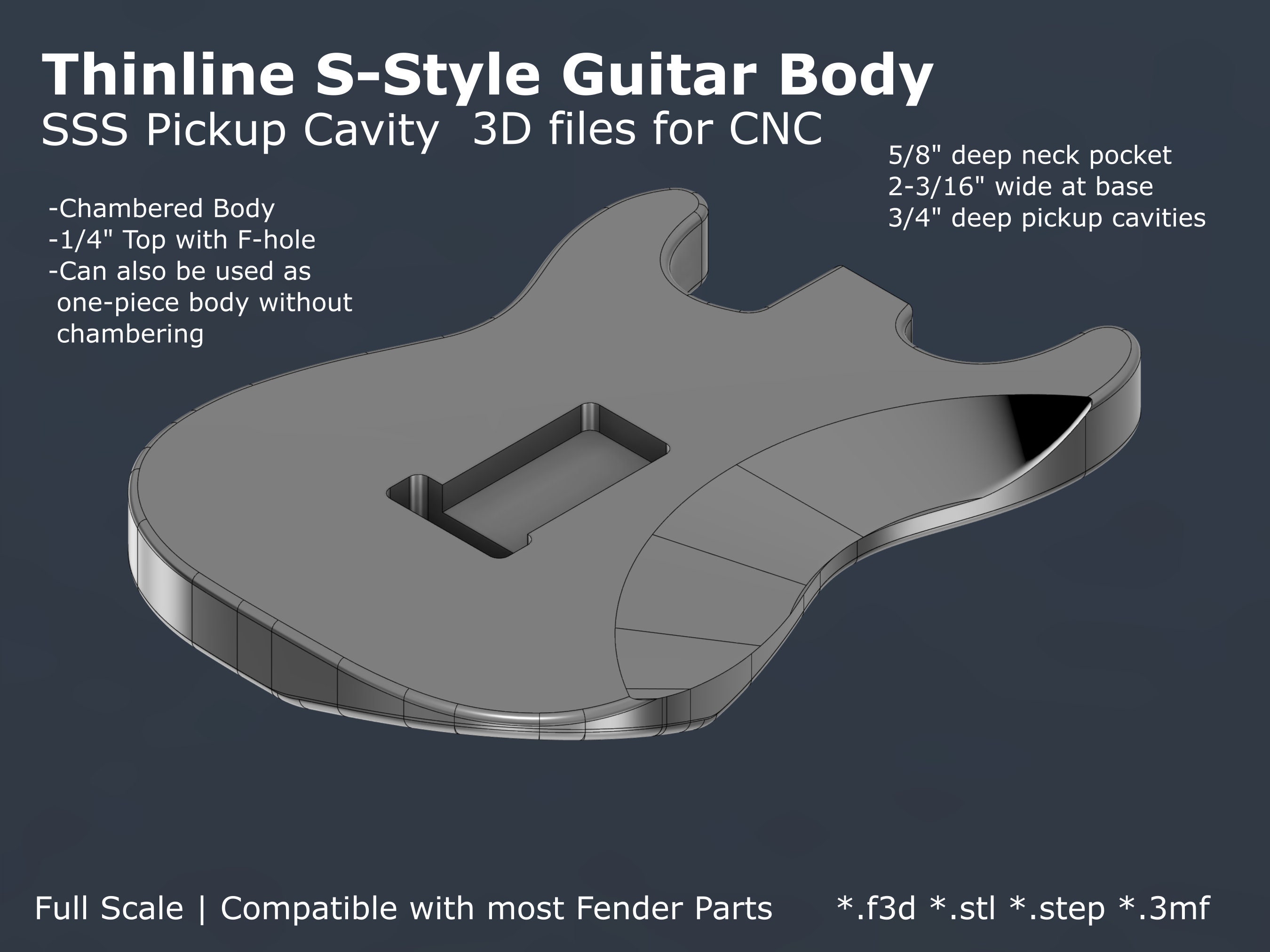 Thinline Strat Style Electric Guitar Body CAD Files Stl F3d Step 3mf for CNC Guitar Building Etsy