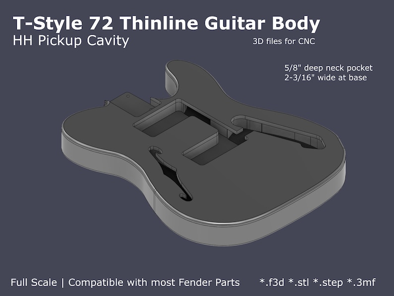 72 Thinline Tele Style Electric Guitar Body CAD Files Stl F3d Step 3mf