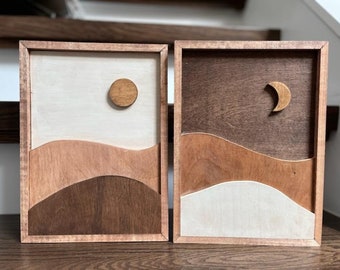 Decorazione murale in legno Boho con sole e luna: decorazione alba e tramonto