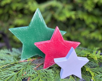 Decoración navideña de estrellas de madera, decoración navideña de repisa, decoración de granja, estrellas de madera, conjunto de 3 estrellas, centros de mesa para mesa de comedor.