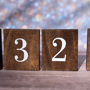 Può includere: Quattro blocchi di legno con i numeri 1, 3, 2 e 4 dipinti in bianco. I blocchi sono disposti in fila da sinistra a destra.