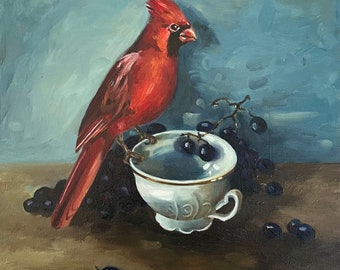 Original Signed Cardinal Bird Oil Painting by Karina Ellsworth Bright Colourful Realistic Art Artwork Home Decor Hanging Canvas Modern Gift