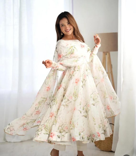 Organza Silk Anarkali Suit: Gota Patti Dupatta, Cotton Silk Pants