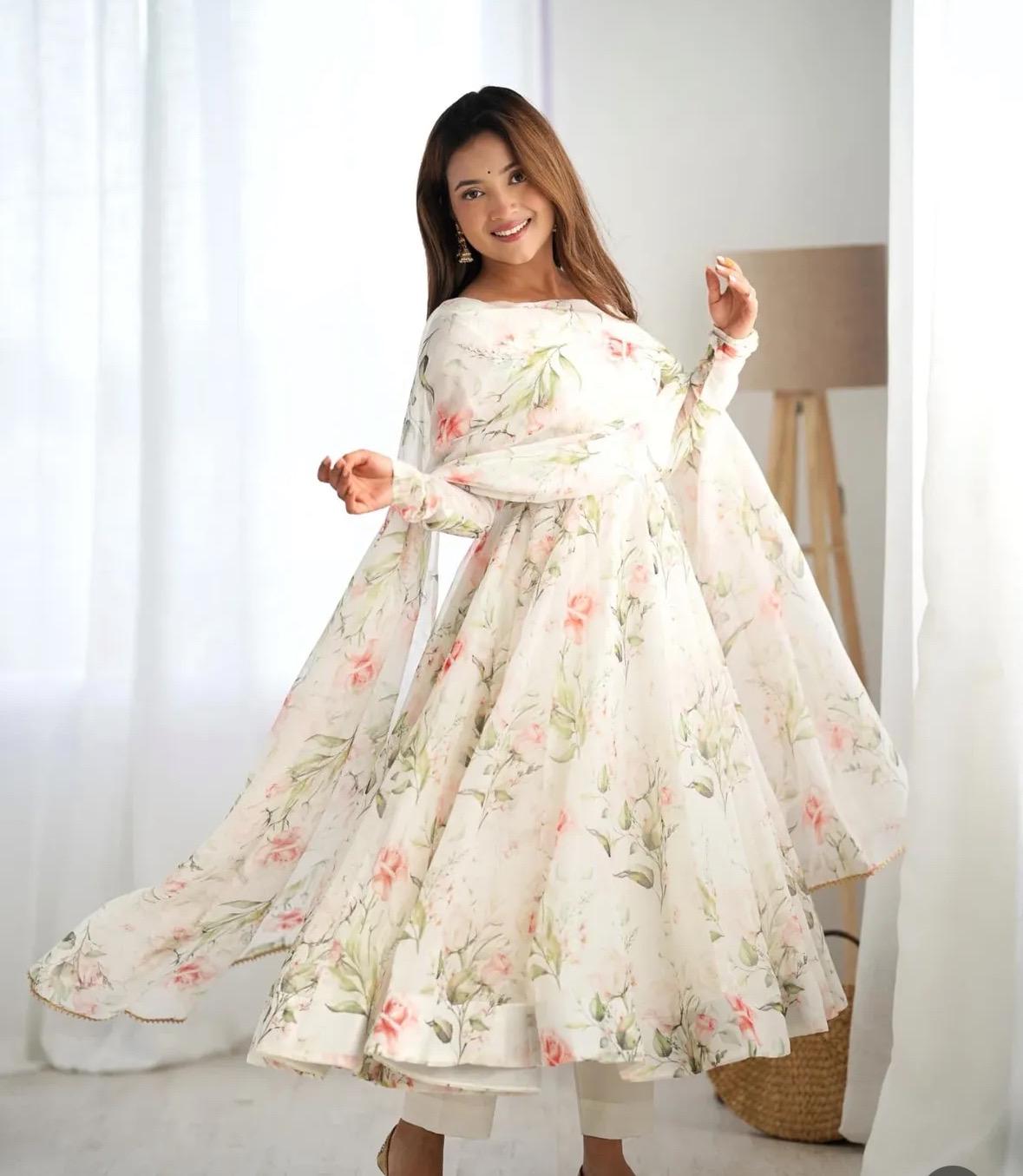 open lace back dress Buy Off White Printed Organza Anarkali Suit With Dupatta Online in USA at  $70.00