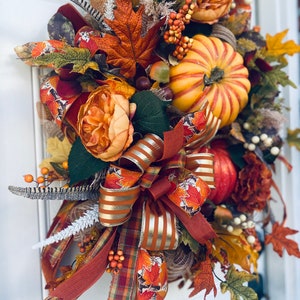 Pumpkin Fall Wreath: Velvet Ribbon & Faux Florals (34x24in)
