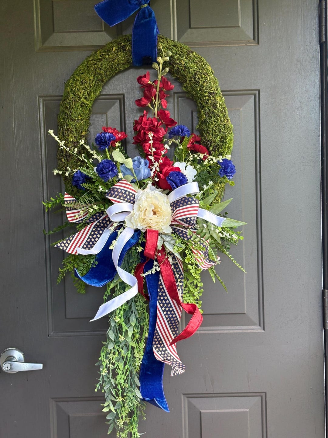 Patriotic Moss Door Swag | Red White Blue Front Door Wreath | 4th of ...