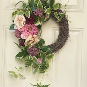 Spring Rose & Dahlia Wreath: Cottage Floral Grapevine Wreath