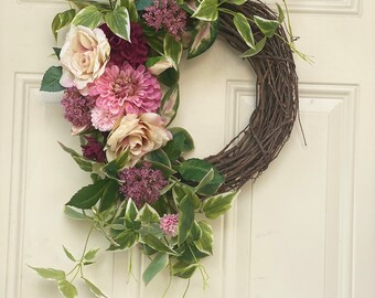 Spring Grapevine, Rose and Dahila Wreath, Cottage Style Floral Wreath, Year-round, Summer Wreath, Spring Indoor Wreath, Seasonal Wreath