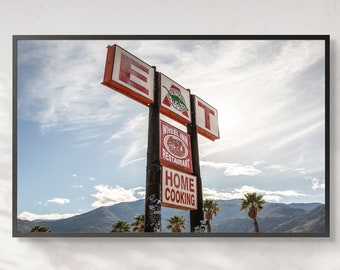 Vintage EAT Signage Deserto, Route 66 Califórnia Abandoned Cabazon Dinosaurs Retro Signage Fotografia Impressão física, Home Office Decor Art