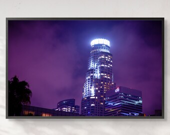 Night Los Angeles DTLA LA Skyline Photography Long Exposure Home Office Decor Physical Print Color Photography, City Home Office Wall Art