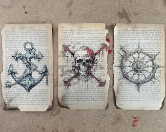 Pirate Art Print &quot;Kidnapped&quot; Robert Louis Stevenson Book Page Art Typewriter Pirates Jolly Roger Recycled Vintage Upcycled illustration