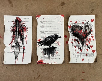 Edgar Allan Poe The Raven & Other Poems Book Page Art Distressed Bloody Illustrations Print Typewriter Recycled Vintage Valentine&#39;s Day