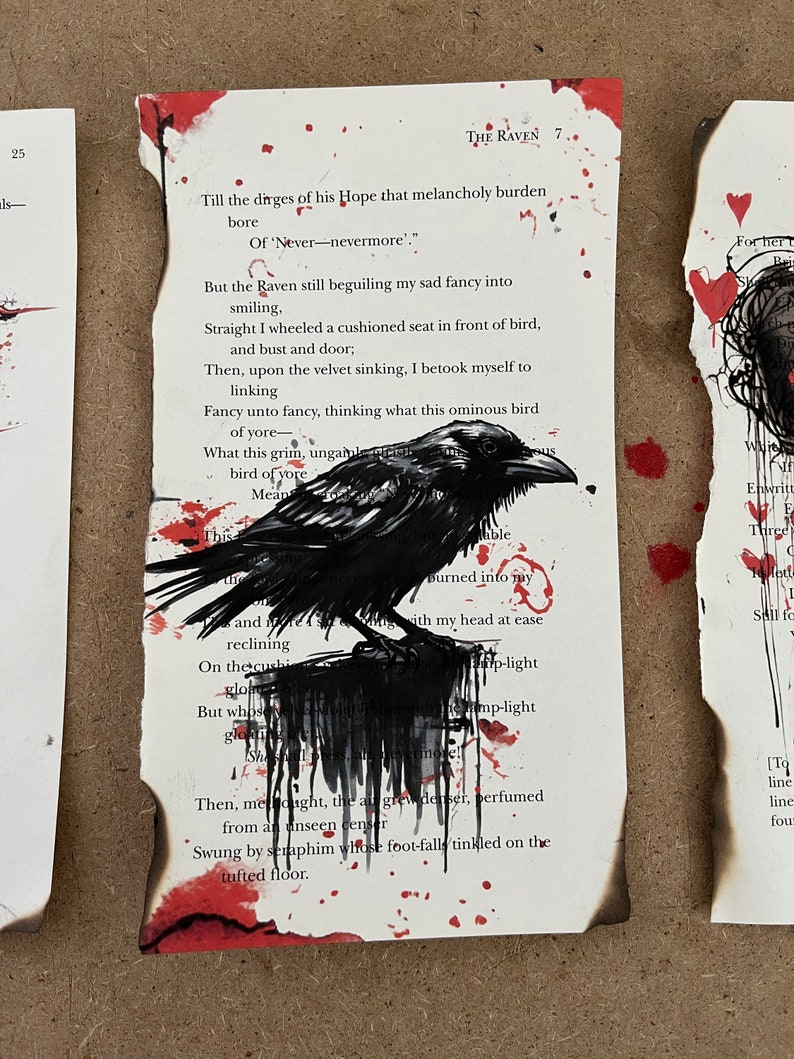 Edgar Allan Poe the Raven & Other Poems Book Page Art Distressed Bloody ...