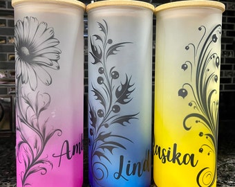 24oz Personalized Birth Month Flower Colored Frosted Glass Can Cup, 6 colors to choose from