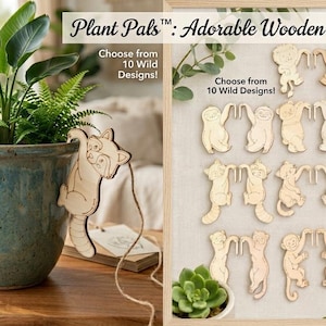 May include: A blue ceramic plant pot with greenery, adorned with wooden animal pot hangers. The image also shows a variety of wooden pot hangers in different animal designs. Text on the image reads "Plant Pals: Adorable Wooden Pot Hangers".