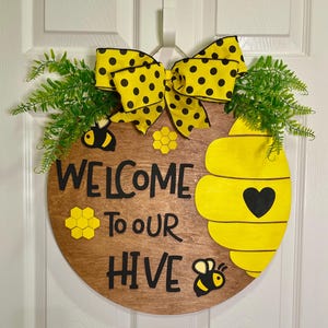 Welcome To Our Hive Door Hanger 18” Beehive Front Door Decoration