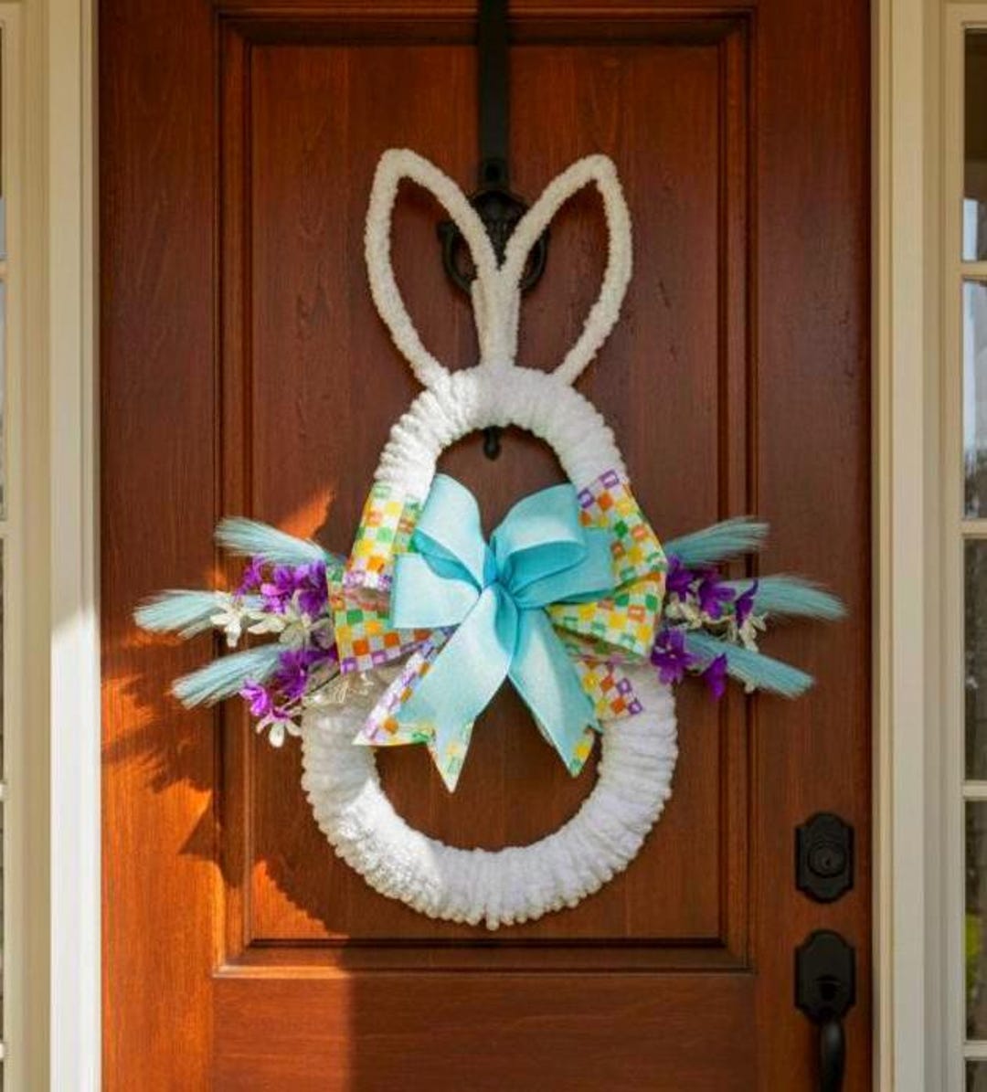 Large White Easter Bunny Door Decor Blue Bow Rabbit Door Decoration ...