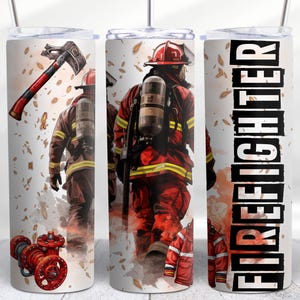 May include: A white tumbler with a design of firefighters in red and black uniforms. The tumbler has a black lid and a clear straw. The text "FIREFIGHTER" is printed on the side of the tumbler.