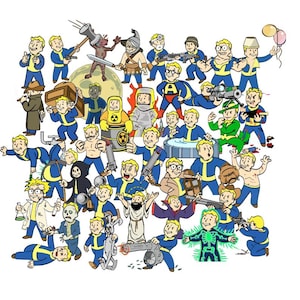May include: A colorful illustration of a group of cartoon characters wearing blue jumpsuits and yellow hats. The characters are holding various objects, including weapons, tools, and a drum. The background is white.