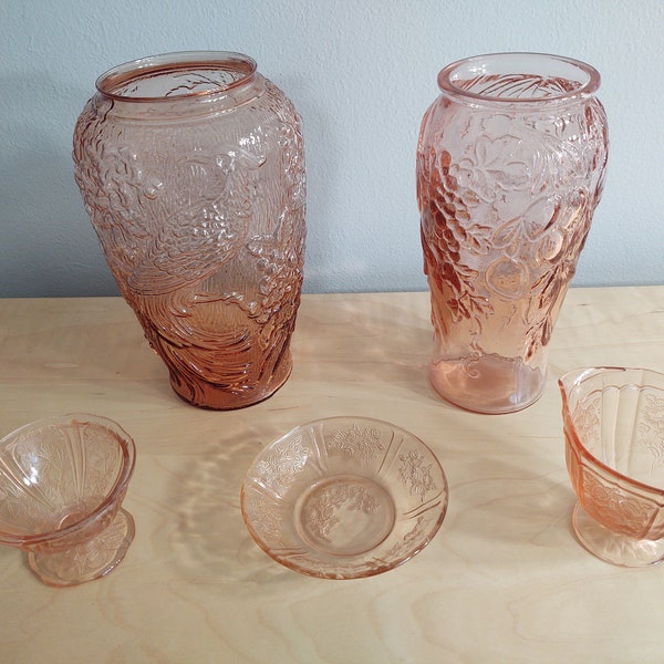 Tiara Pink Glass Vase Anchor Hocking Mayfair Creamer Federal Glass Sharon Fruit Dish