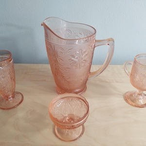 Tiara Pink / Peach Sandwich Glass Pitcher Ice Tea Glass Low Scalloped Dessert Cup & Handled Footed Mug Daisy and Scroll