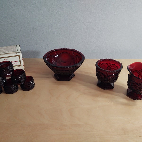 Avon Cape Cod Ruby Red 1876 Collection Creamer Sugar Napkin Rings and 6" Footed Bowl