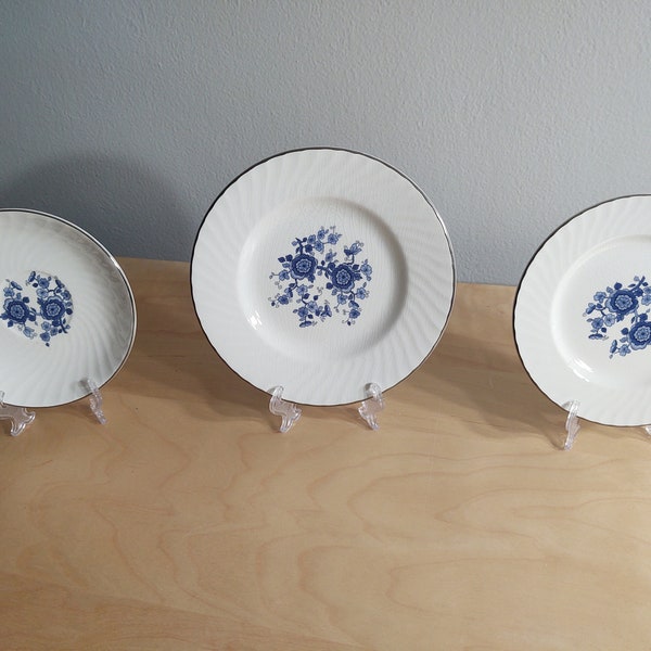 Wedgwood Royal Blue Ironstone England 5 7/8" Bread and Butter Plate 7" Salad Plate and 5 3/4" Saucer Silver Rim