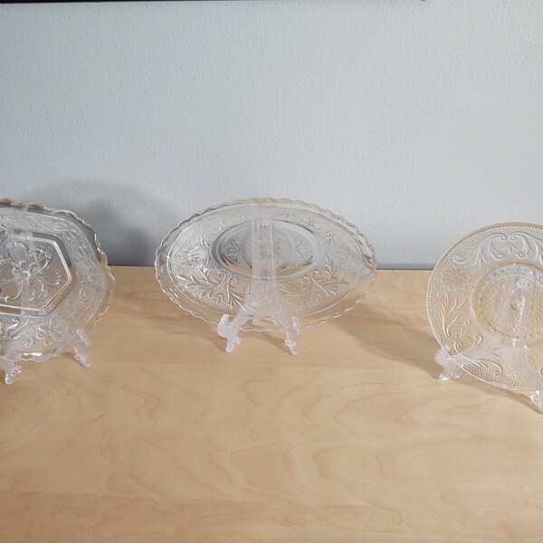 Tiara Clear Sandwich Glass Oval Bowl, Hexagon Bowl and 6" Saucer Daisy and Scroll