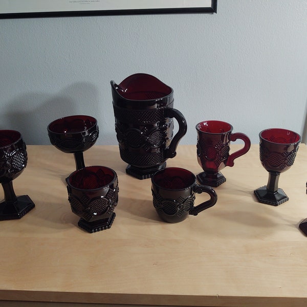 Avon Ruby Red Cape Cod 1876 Collection Goblets Mugs Cups Glasses and Pitcher