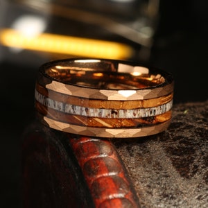 The Elk - Deer Antler & Charred Whiskey Barrel Wood Mens Wedding Ring Rose Gold Hammered Tungsten, Mens Wedding Band, Antler Mens Ring Wood