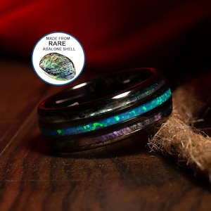 Abalone and Blue Opal Ring Black Mens Wedding Band 8mm Unique Abalone Rings Men Tungsten Wedding Band Mens Ring Opal Wedding Bands for Him