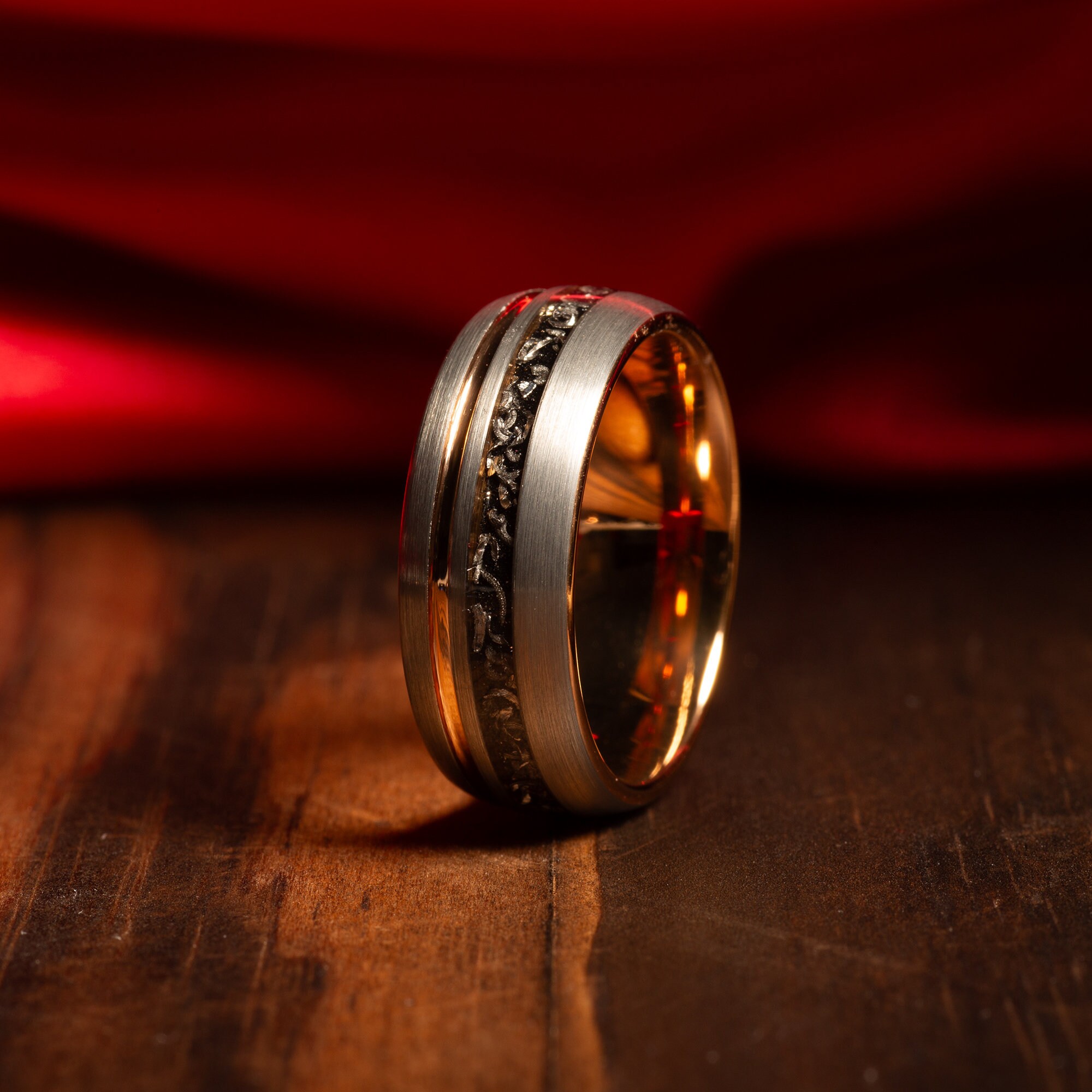 The Badass - Rose Gold Stripe Ring, Meteorite Wedding Ring, Brushed