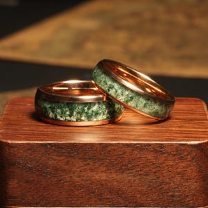Moss Agate Rings Set Couples Rose Gold Wedding Band Moss agate Wedding rings Moss Agate his and hers wedding bands anniversary ring 8mm 6mm
