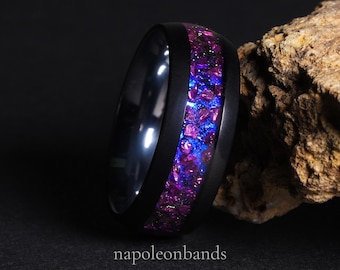Custom Black Tungsten Wedding Ring – Alexandrite Stones & Nebula Galaxy Sandstone Inlay