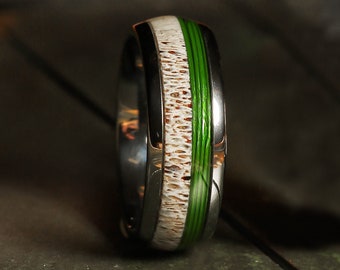 Deer Antler Whiskey Barrel Green Fishing Line Mens Wedding Ring Silver Tungsten Mens Wedding Band Antler Ring Anniversary Comfort Fit 8mm