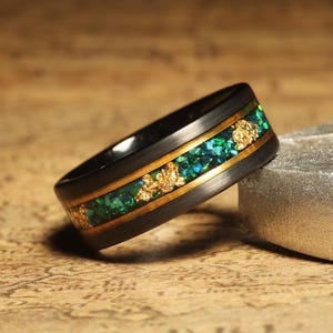 Tungsten Carbide Black Ring 8mm Green Opal Gold Accents and Gold Leaf Men&#39;s Wedding Band, Green Fire Opal Ring Men 24K Gold Leaf Ring