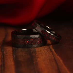Red Fire Opal Couples Ring Set- His and Hers Matching Wedding Band- Hammered Red Black Tungsten Couples Ring Promise Ring 4mm and 8mm rings